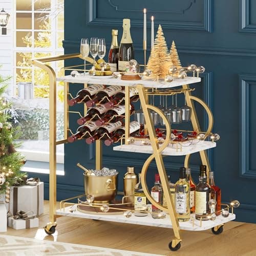 Aubtik 3-Tier Bar Cart, Gold and Marbleized White (AU-BC208)