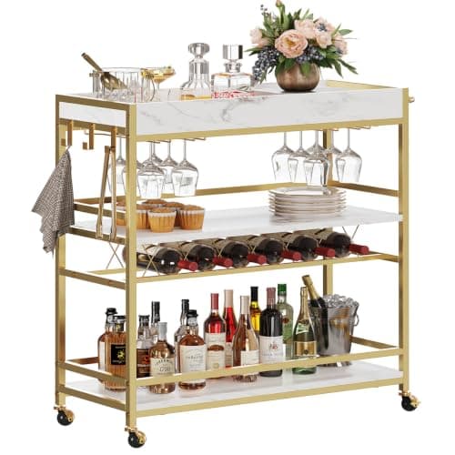 BON AUGURE 3-Tier Bar Cart, Faux Marble and Gold (BNG-BC1868-G)