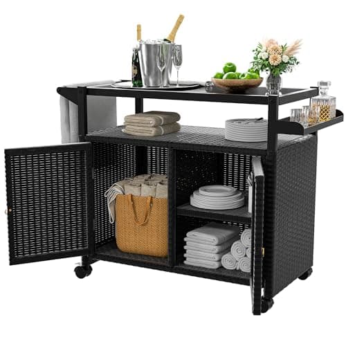 Xilingol Outdoor Wicker Bar Cart with Cabinet