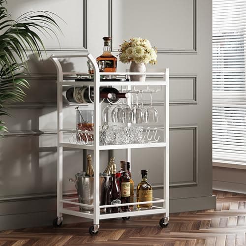 TUTOTAK White Bar Cart with 3 Mirrored Shelves (BC01BW034CA)