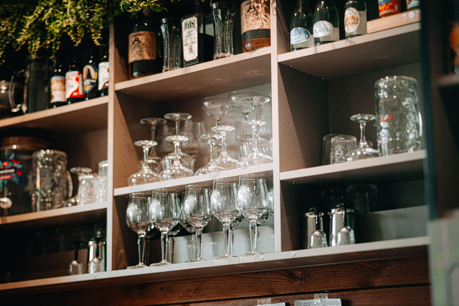 Rows of wine and coupe glasses stored upside down on open shelving