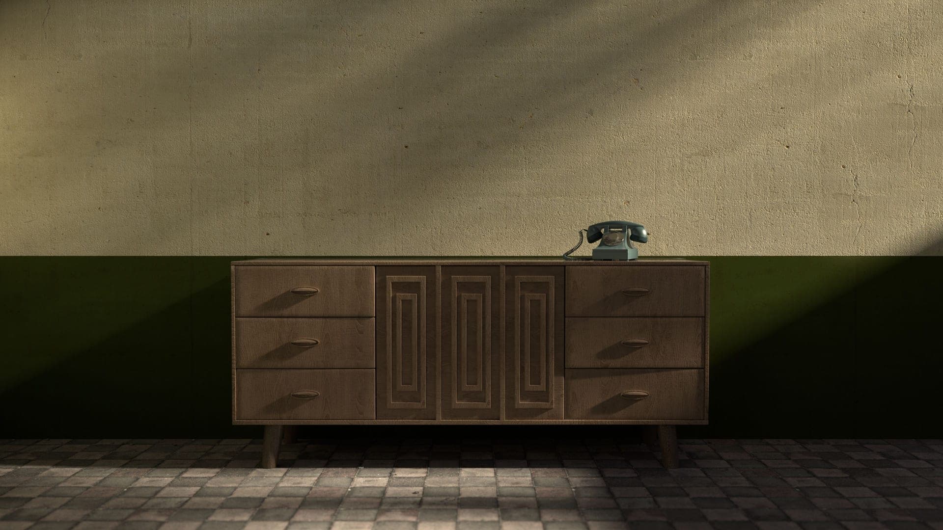 A mid-century interior with a wooden cabinet and a retro telephone against a plain wall