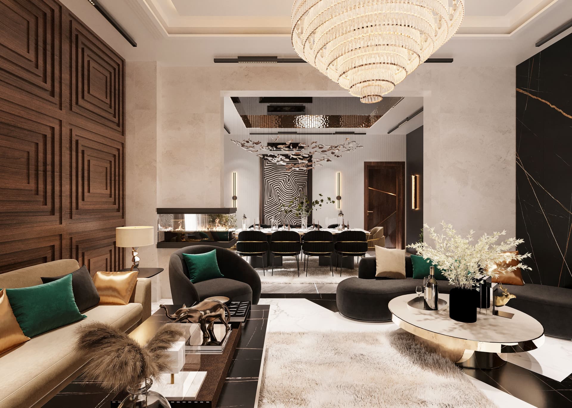 An elegant living room with a chandelier and contemporary furniture