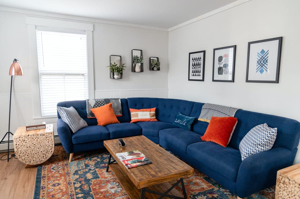 A living room corner with furniture arranged to leave a clear walking route