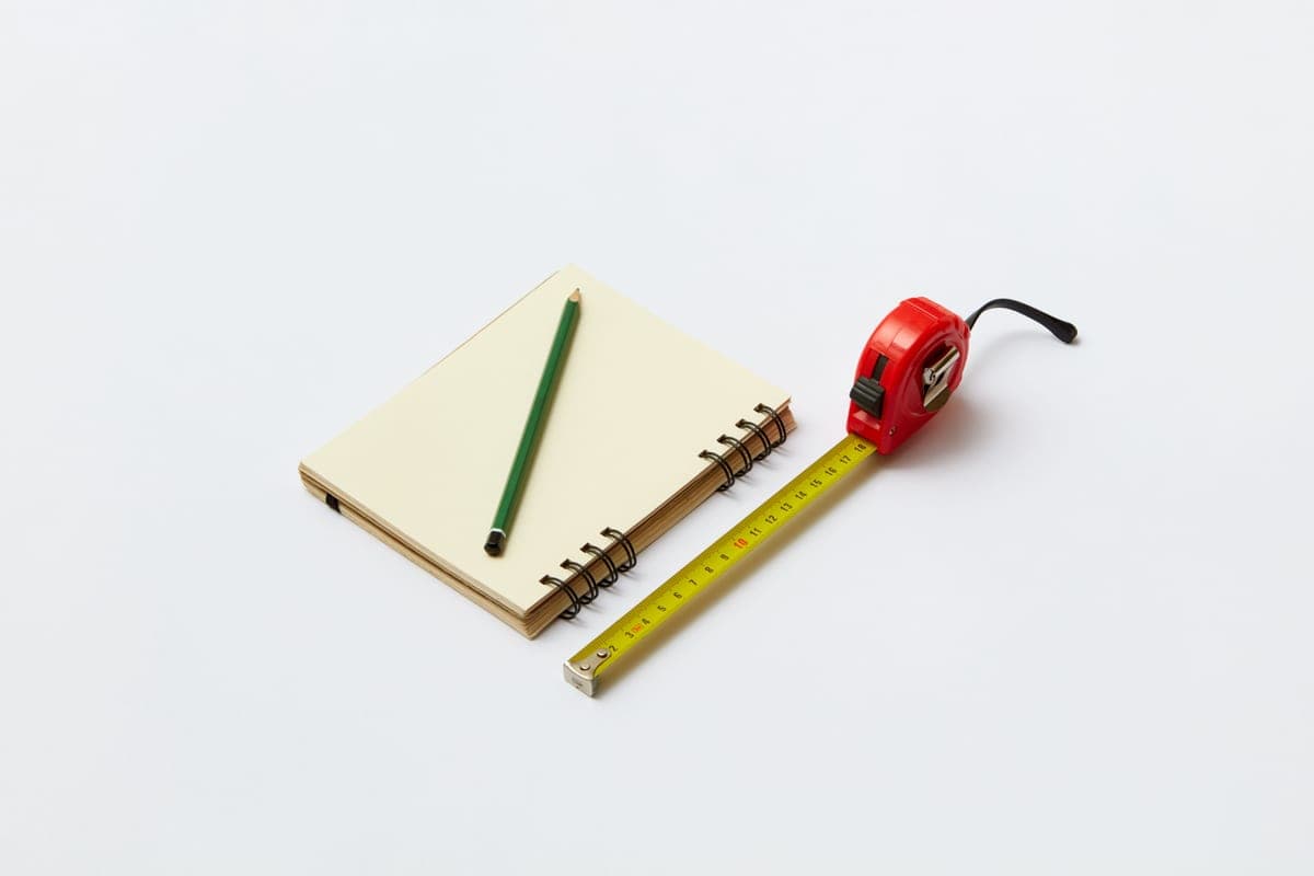 A desk with a notebook, a pencil and a tape measure